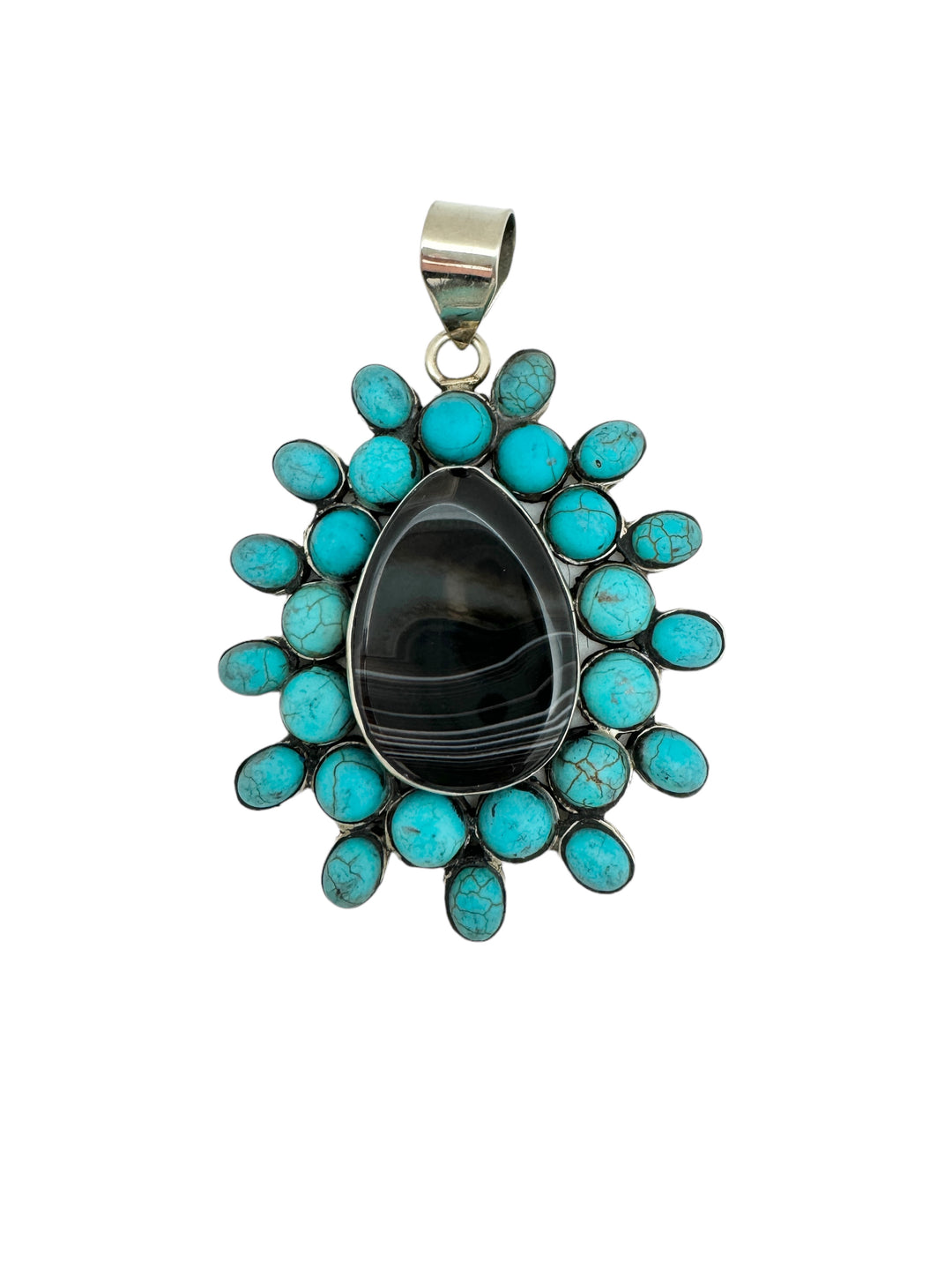 Turquoise and Black Agate Flower Pendant
