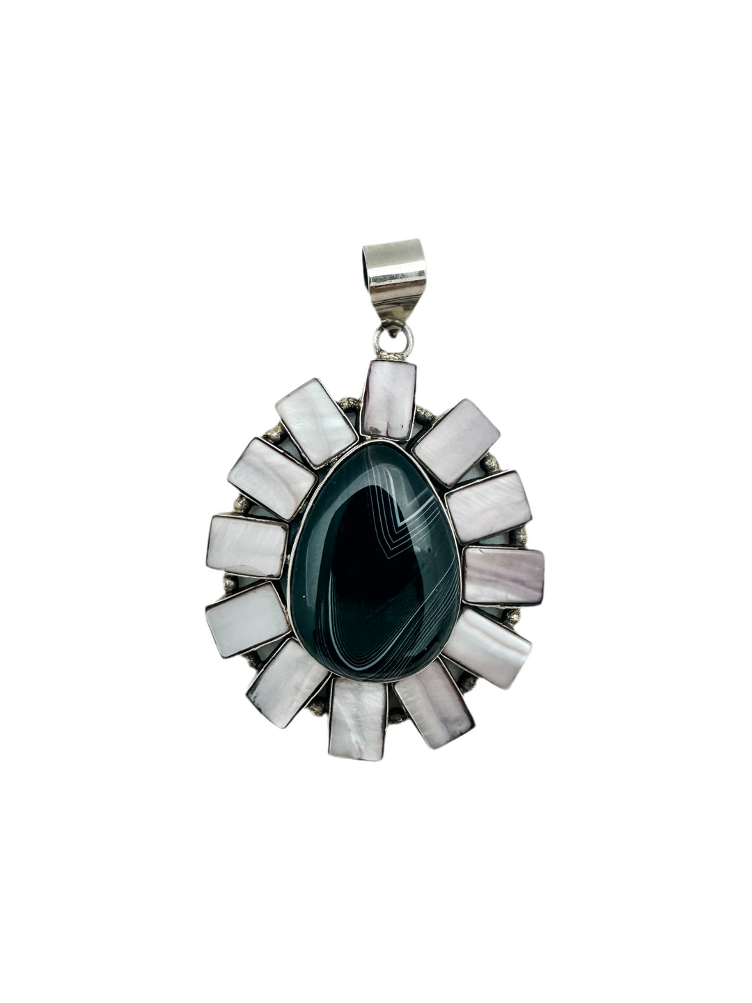 Mother of Pearl and Black Agate Flower Pendant
