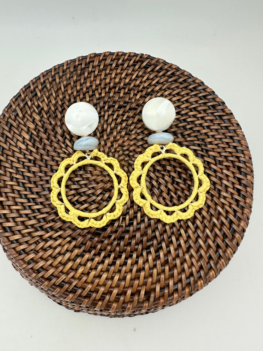Yellow Raffia Wrapped Flower Earring