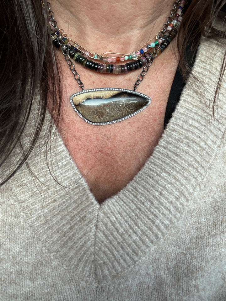 Petrified Wood Stone Pendant with Pave Diamonds on sterling silver chain