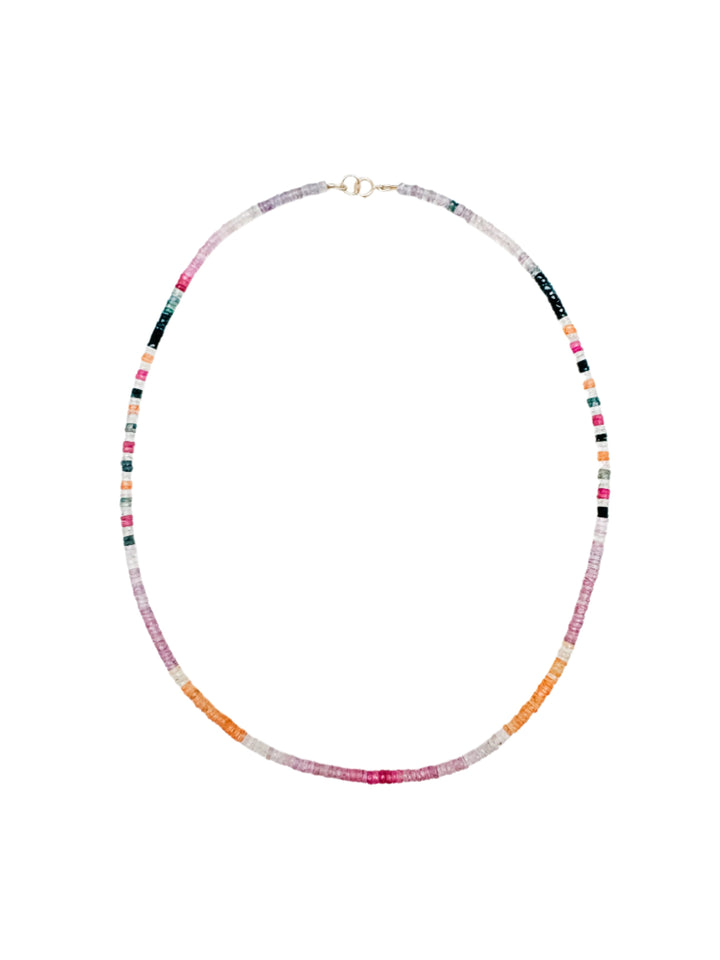 sapphire necklace with pink, yellow, green, and clear sapphire beads, 4mm wide. 17 inches long