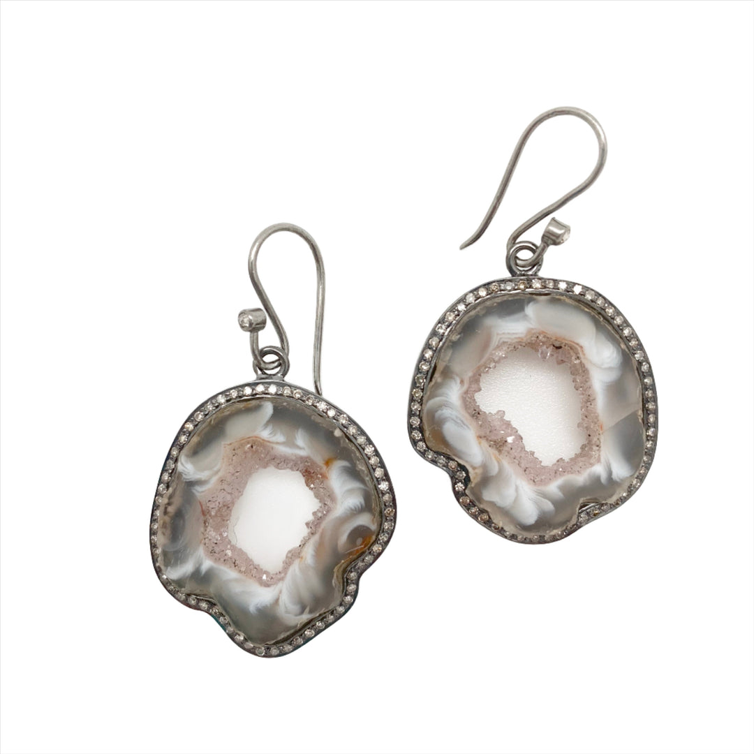 Gray and Peach Druzy and Diamond Dangle Earring