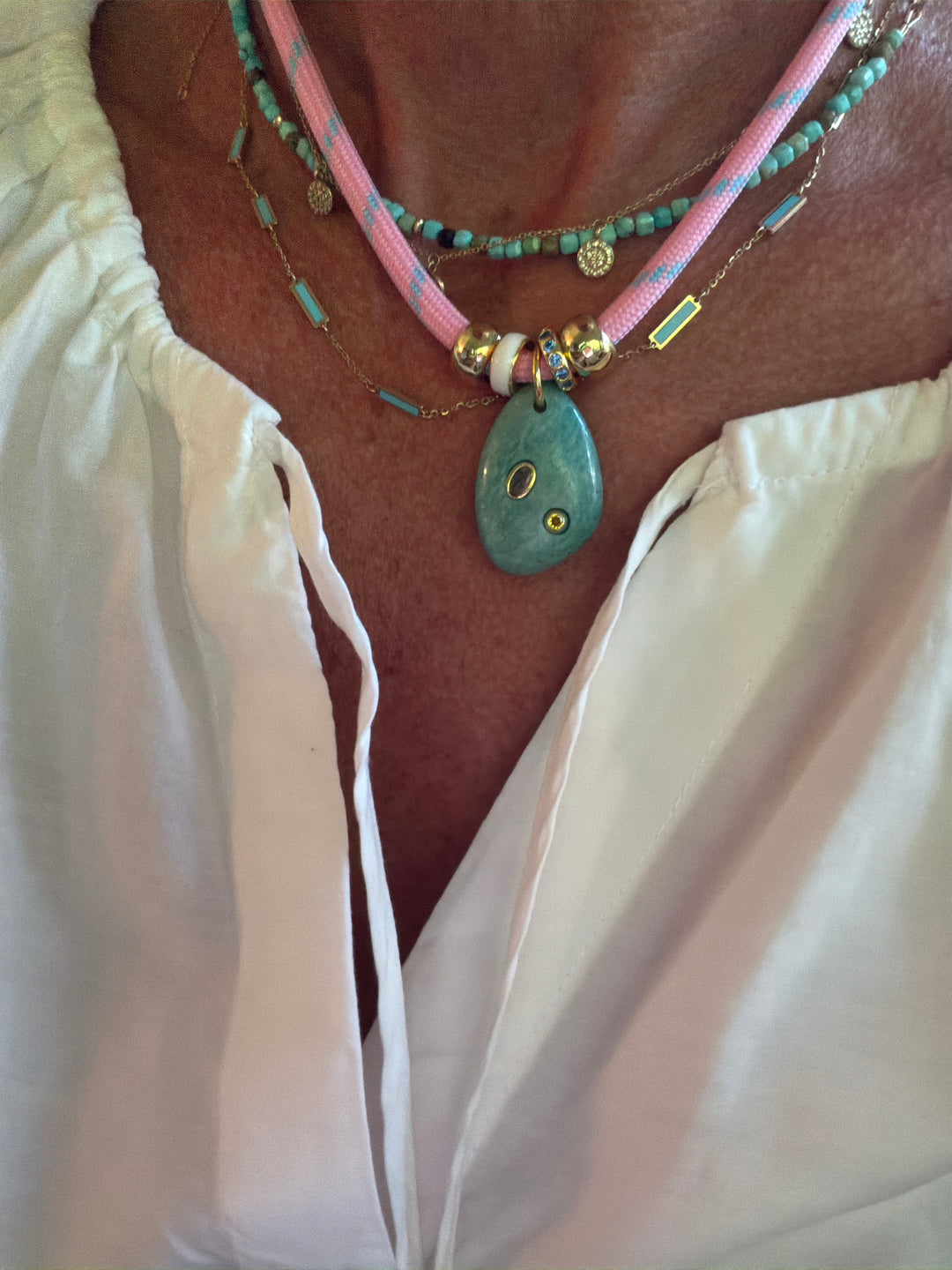 Amazonite Pendant on Light Pink Cord Necklace