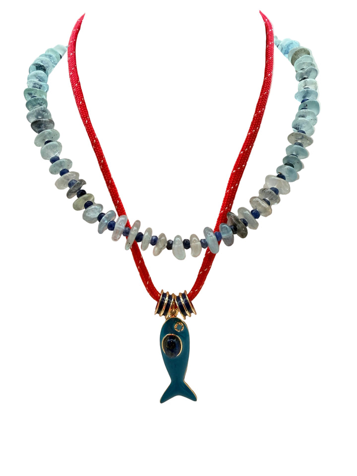 Blue Enamel Fish Charm on Red Cord Necklace