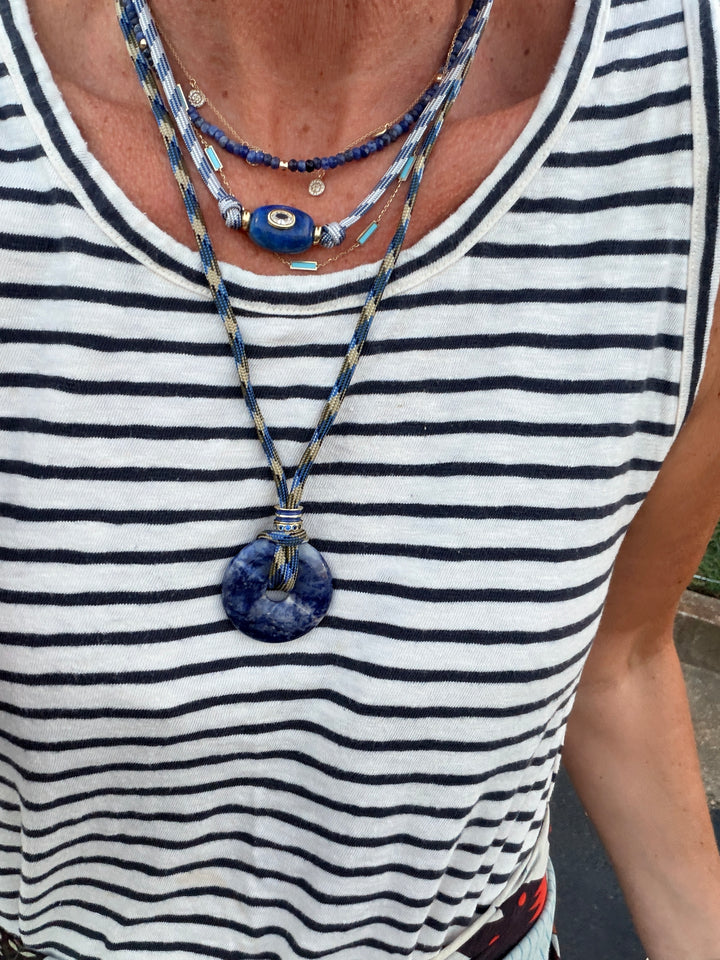 Sodalite Pendant on Blue and Tan Cord Necklace