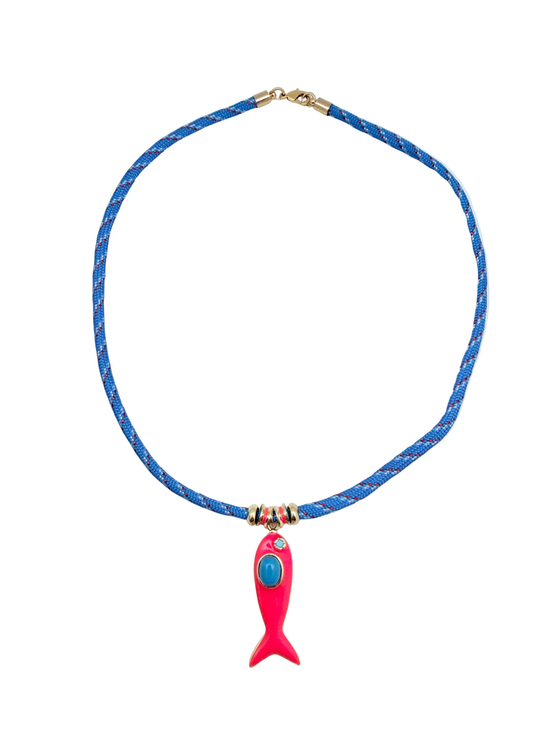 Pink Enamel Fish with Blue Cord Necklace