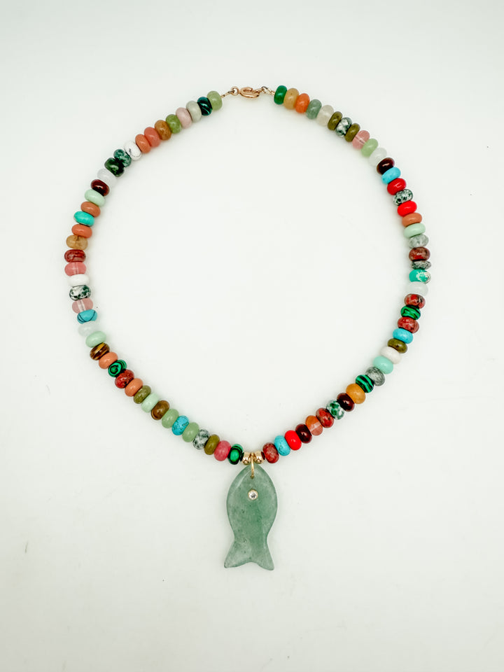 Mixed Gemstone Necklace with Fish Pendant
