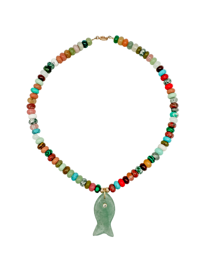 Mixed Gemstone Necklace with Fish Pendant