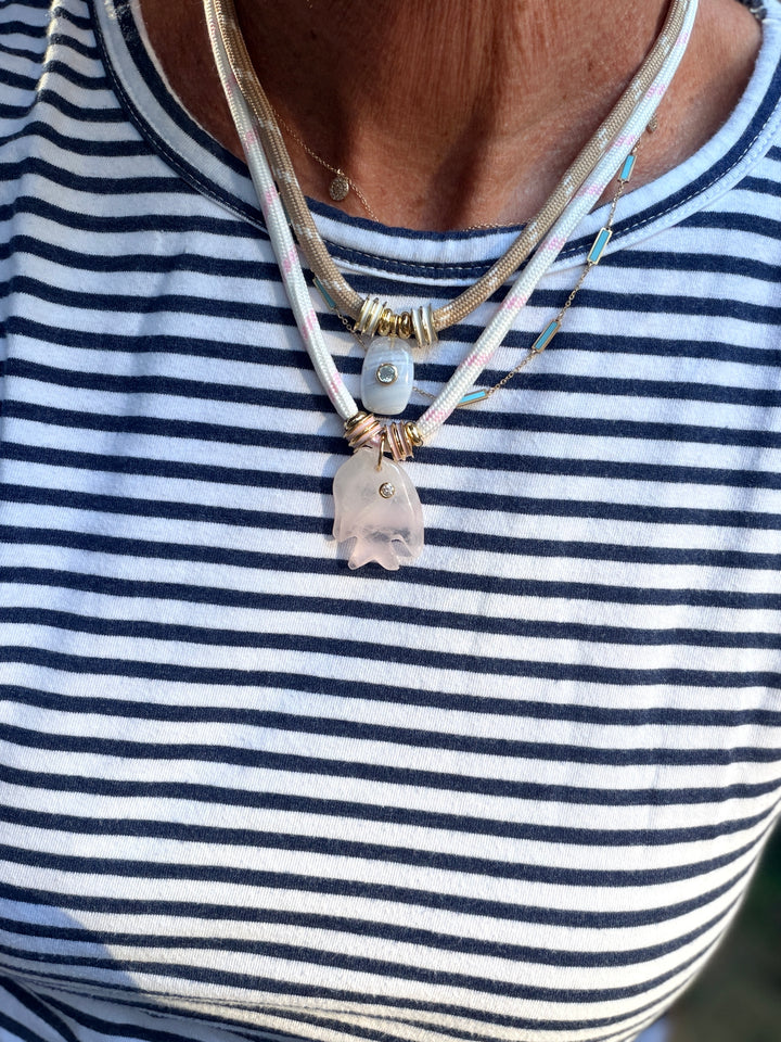 Pink Rose Quartz Fish Charm on White Cord