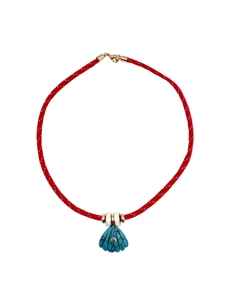 Turquoise Howlite Shell Charm on Red Cord Necklace