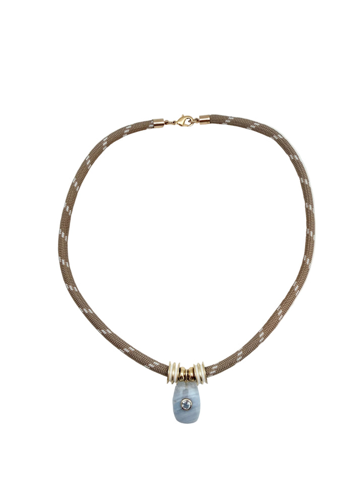Blue Agate Charm on Tan Cord Necklace