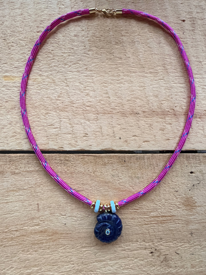 Blue Lapis Shell and Pink Cord Necklace