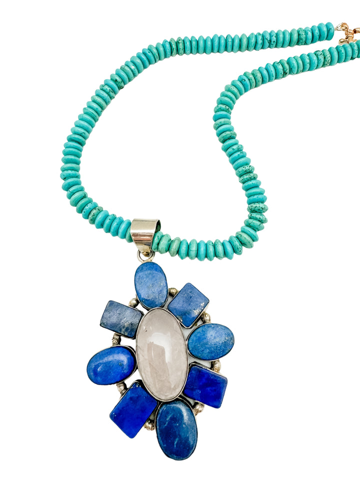 Lapis and Rose Quartz Flower Pendant