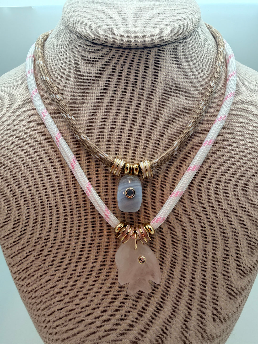 Blue Agate Charm on Tan Cord Necklace