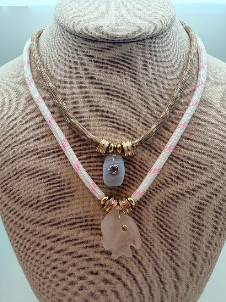Blue Agate Charm on Tan Cord Necklace