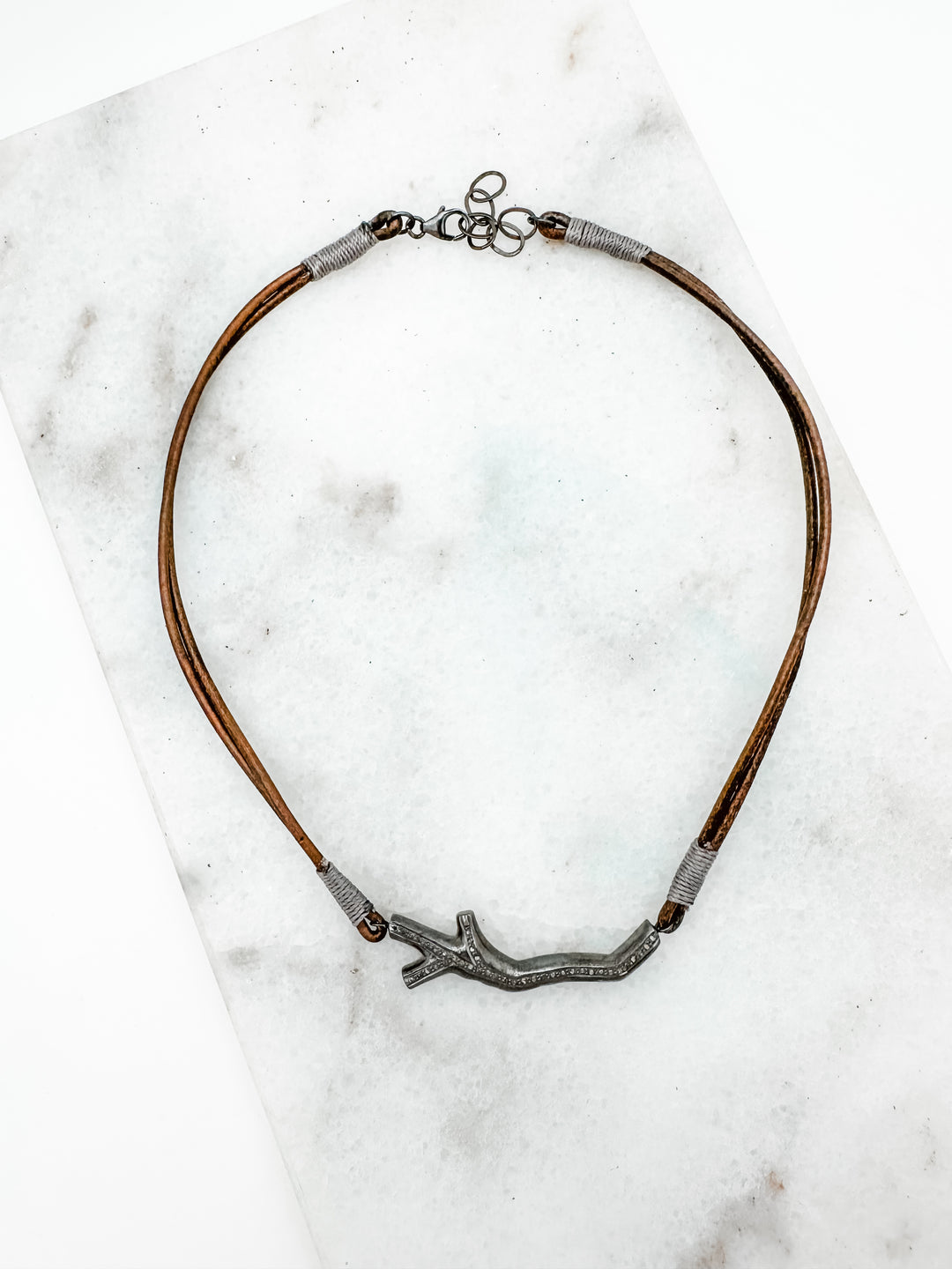 Leather and Diamond Branch Necklace