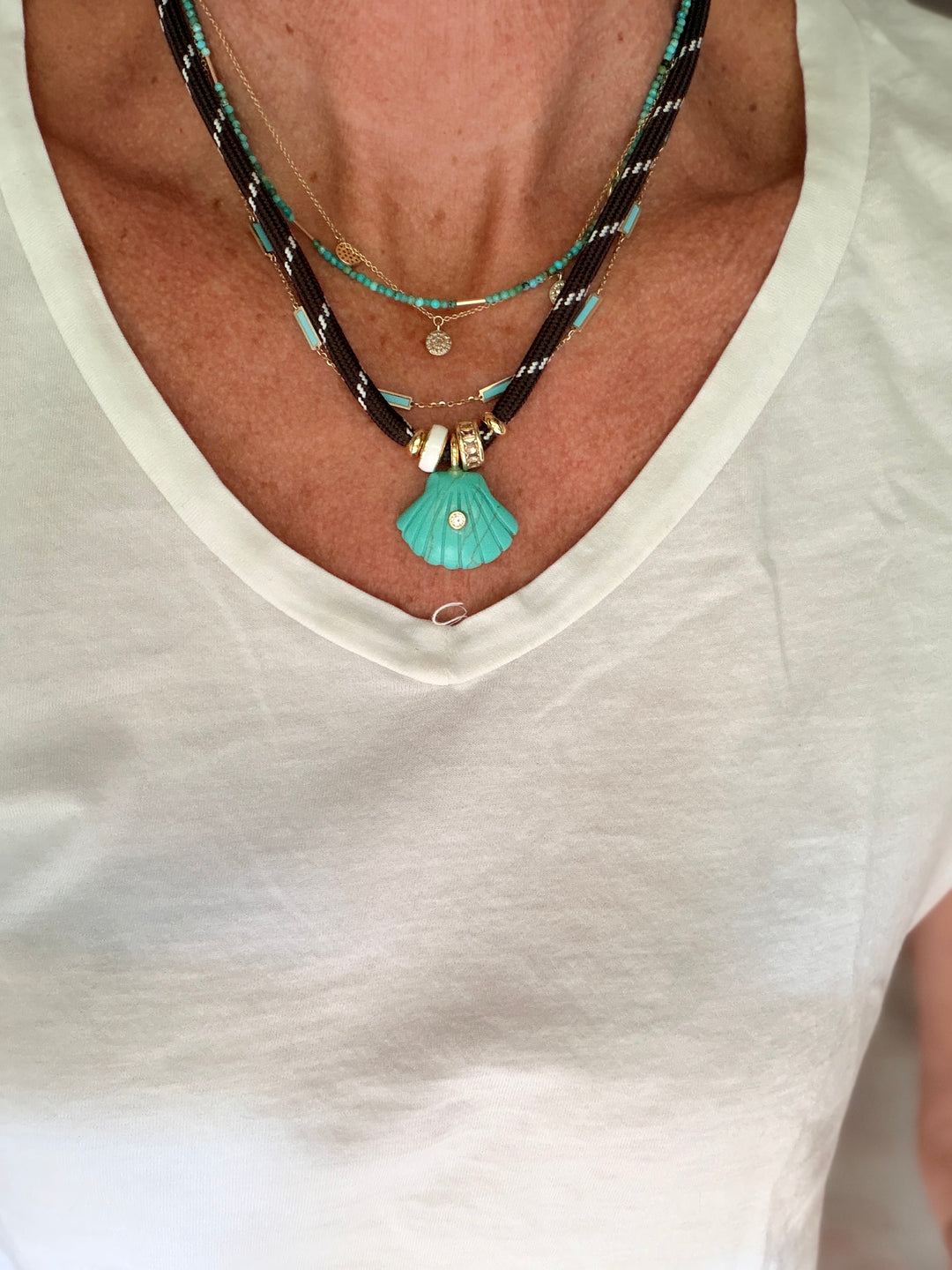 Turquoise Howlite Shell on Chocolate Brown Cord Necklace