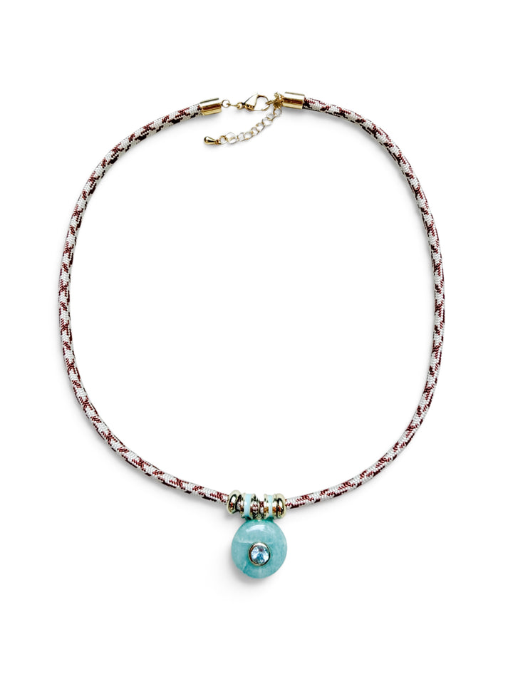 Aquamarine and Topaz Charm on Brown and White Cord