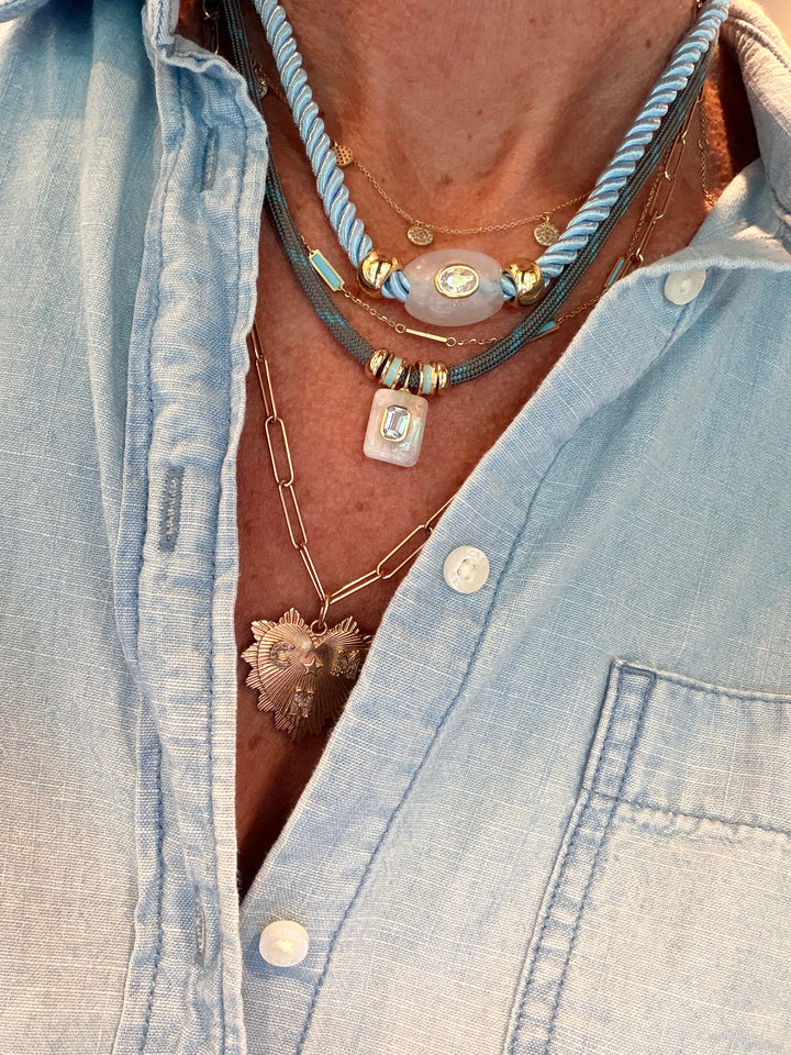 Moonstone and Topaz Charm on Gray and Blue Cord Necklace