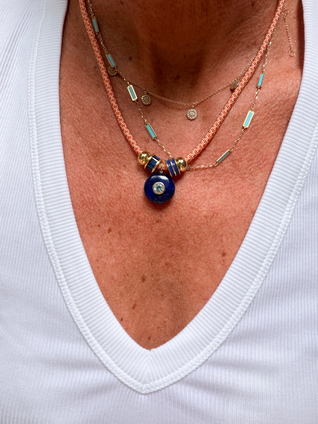 Lapis Charm on Orange Cord Necklace