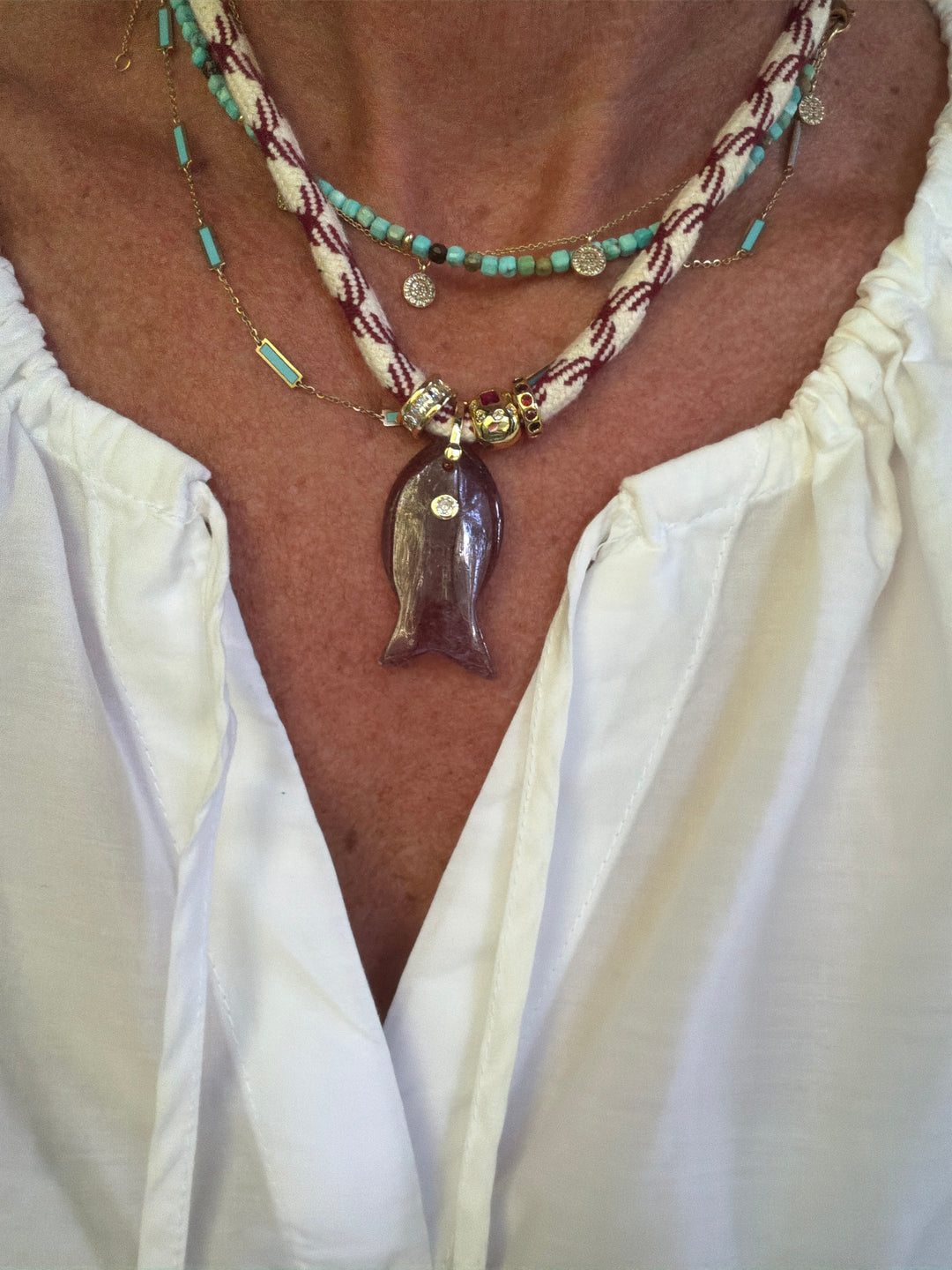 Strawberry Quartz Fish Pendant on White and Burgundy Cord Necklace