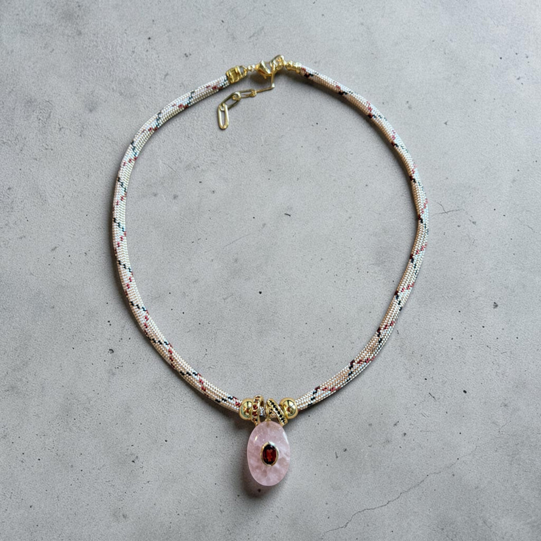 Rose Quartz Charm on Tan Cord Necklace