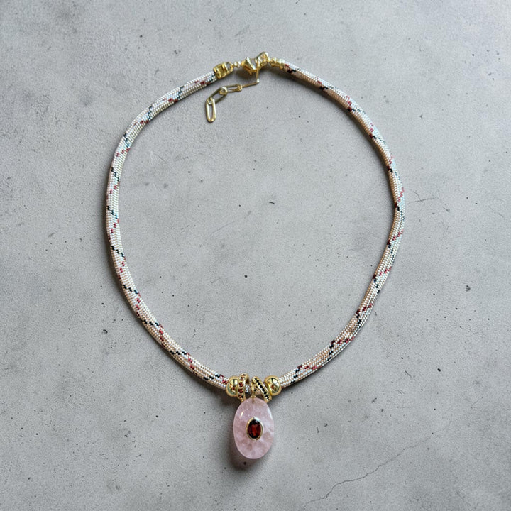 Rose Quartz Charm on Tan Cord Necklace