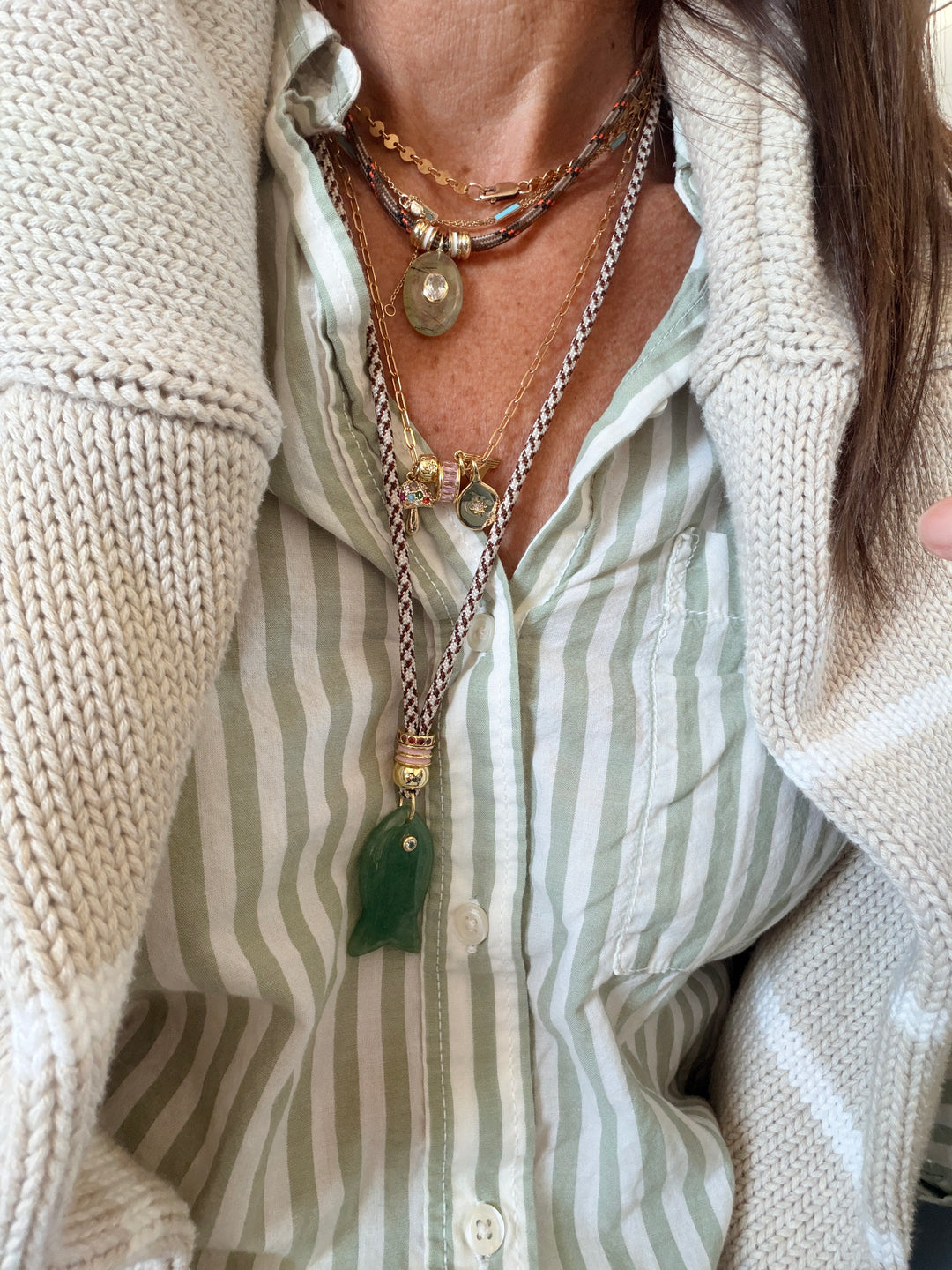 Prehnite Charm on Brown Cord Necklace