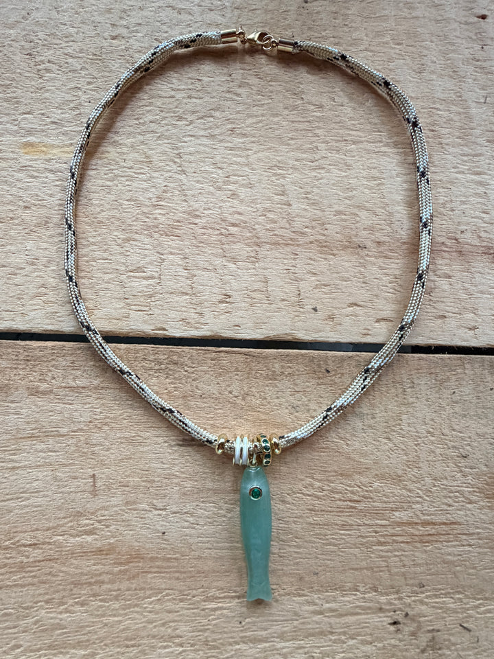 Green Aventurine Fish and Tan Cord Necklace