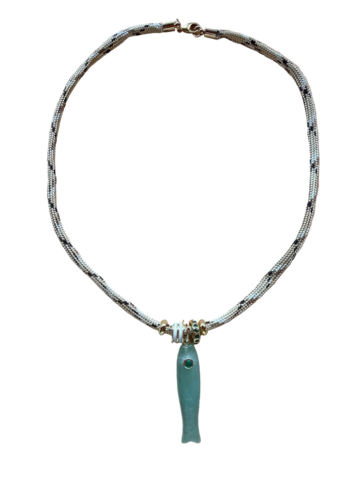 Green Aventurine Fish and Tan Cord Necklace
