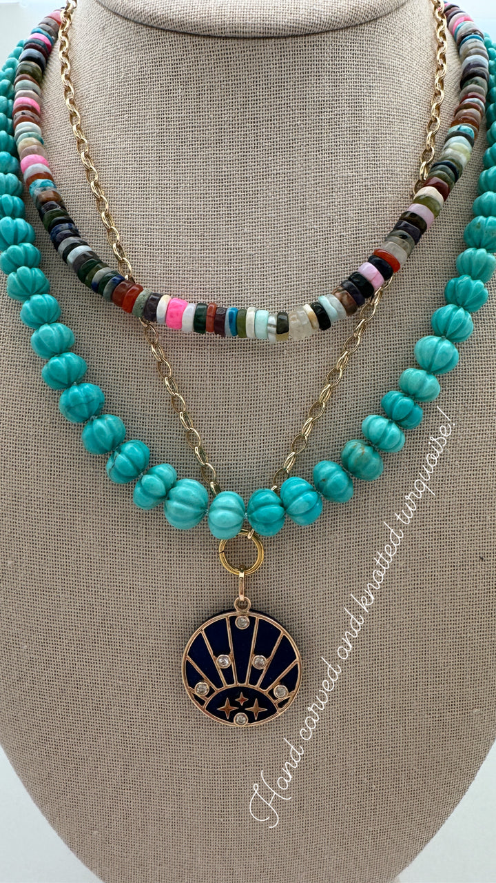 Turquoise Handcarved Knotted Melon Necklace
