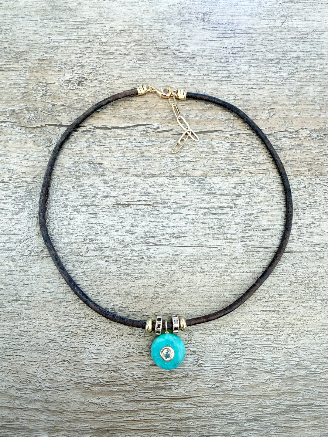Turquoise Charm on Brown Leather Cord Necklace