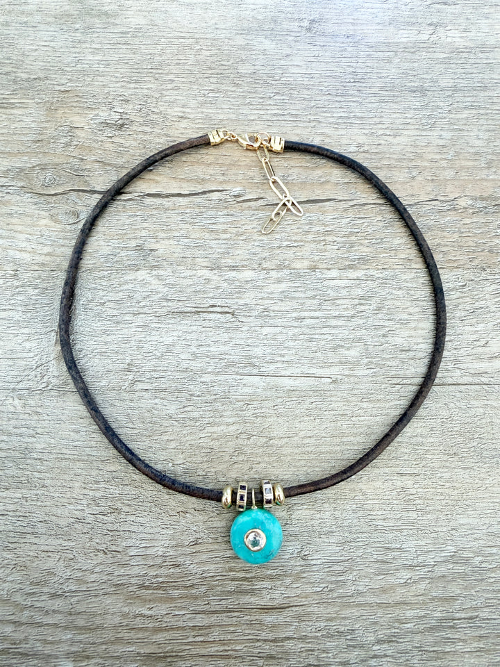 Turquoise Charm on Brown Leather Cord Necklace