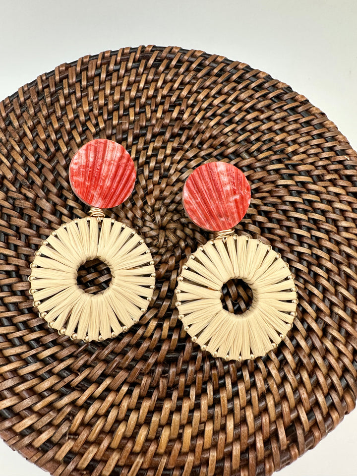 Tan Raffia Wrapped Earring with Shell Top