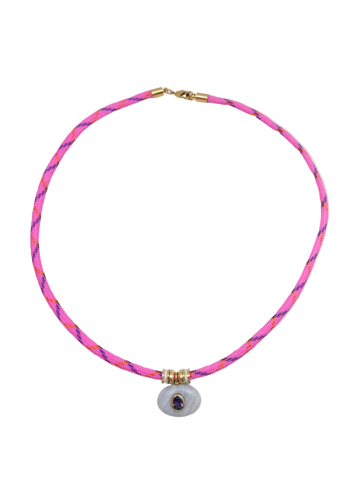 Blue Lace Agate Oval Pendant on Pink Cord