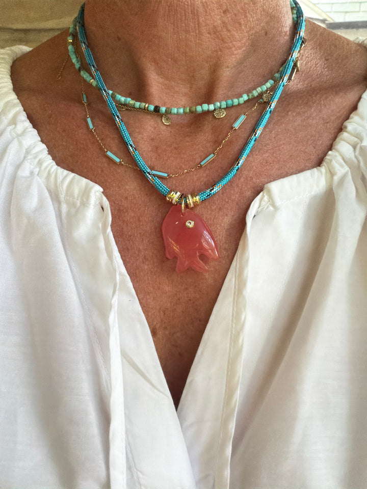 Strawberry Quartz Fish on Teal Cord Necklace