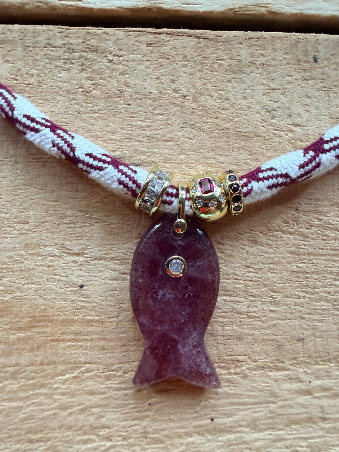 Strawberry Quartz Fish Pendant on White and Burgundy Cord Necklace