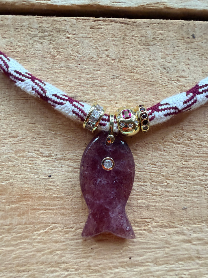 Strawberry Quartz Fish Pendant on White and Burgundy Cord Necklace