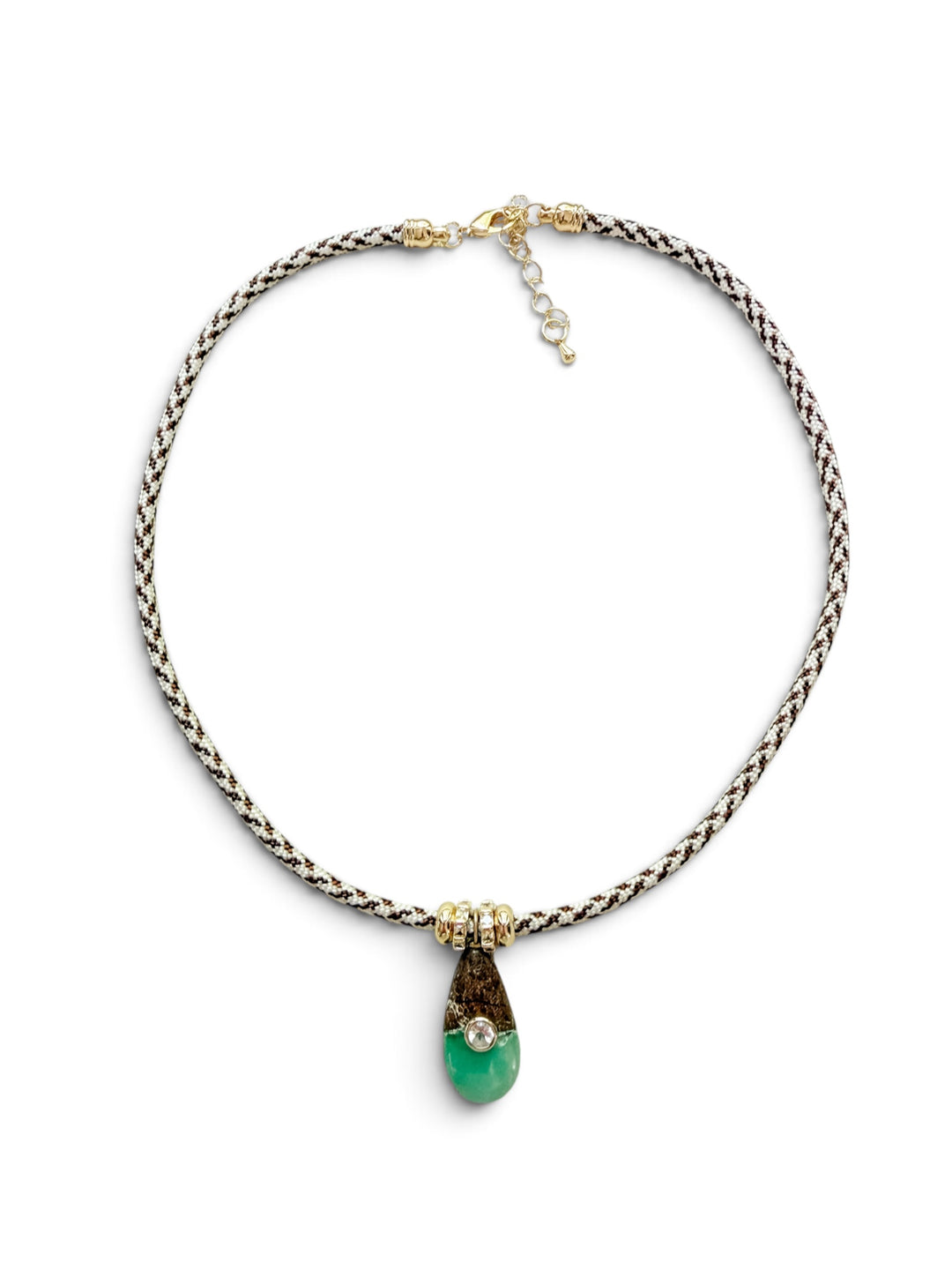 Chrysoprase Drop Charm on Cream and Brown Cord Necklace