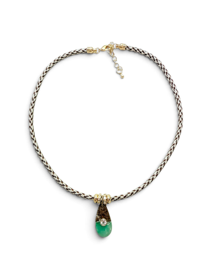 Chrysoprase Drop Charm on Cream and Brown Cord Necklace