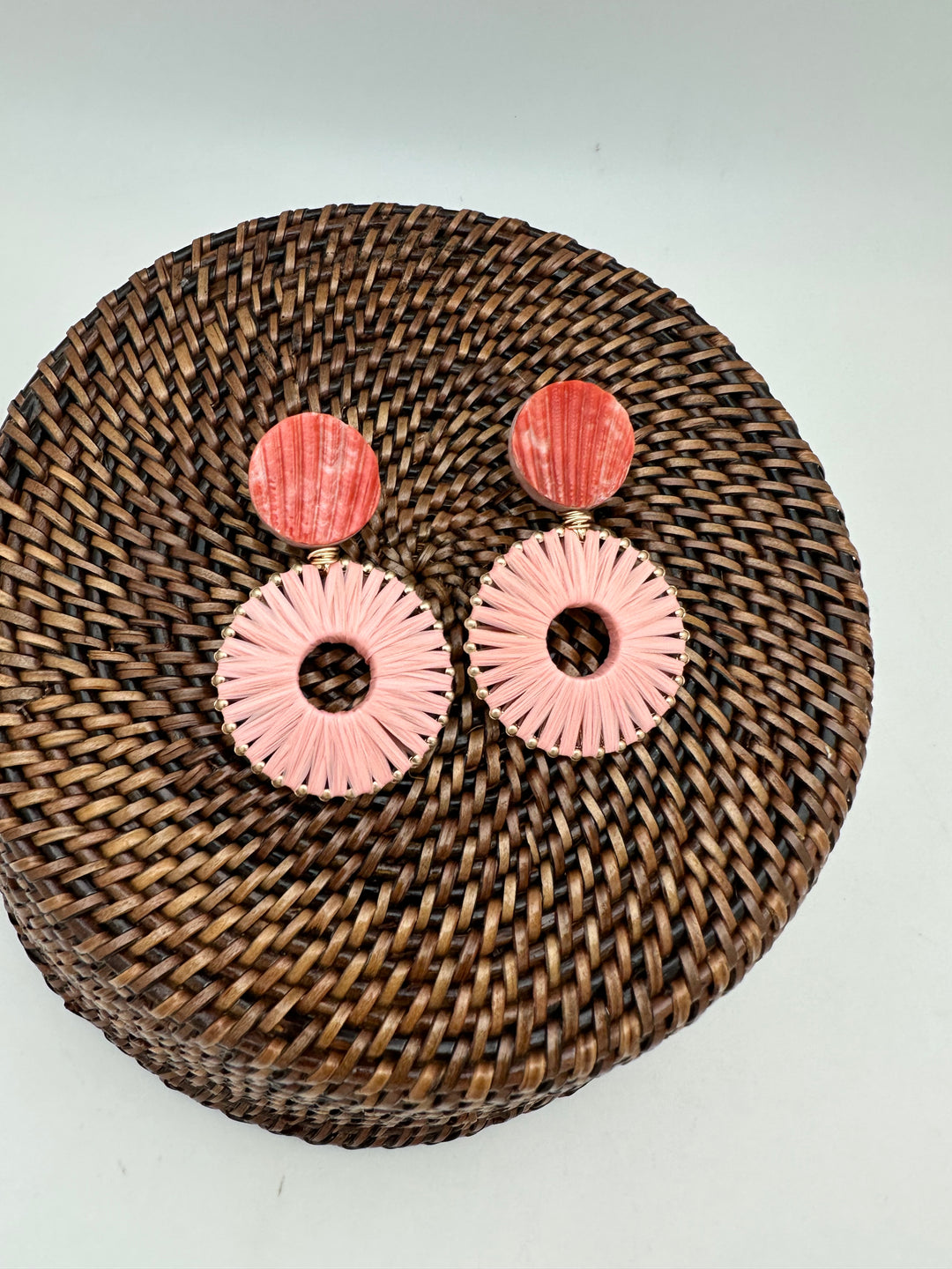 Pink Raffia Wrapped Earrings with Shell Top