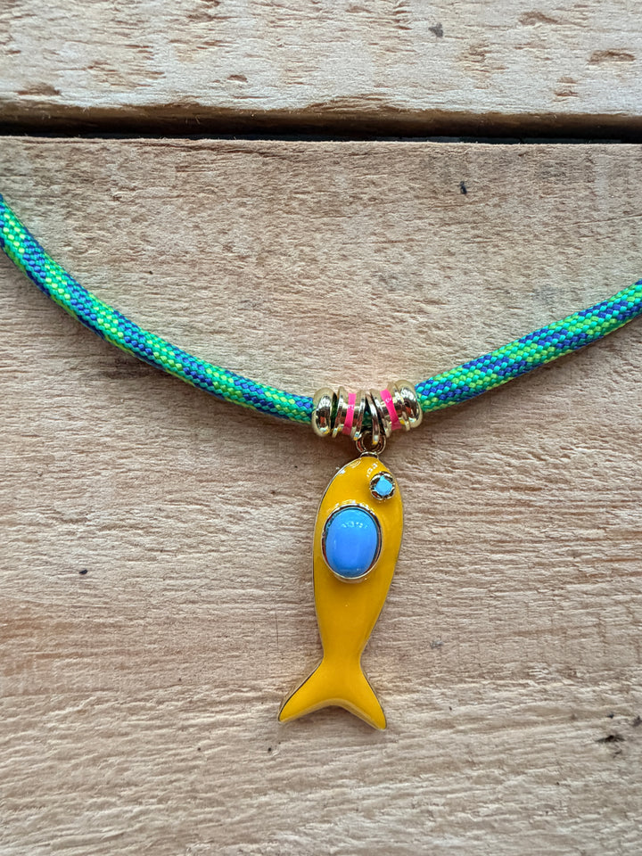 Yellow Enamel Fish on Green Cord Necklace