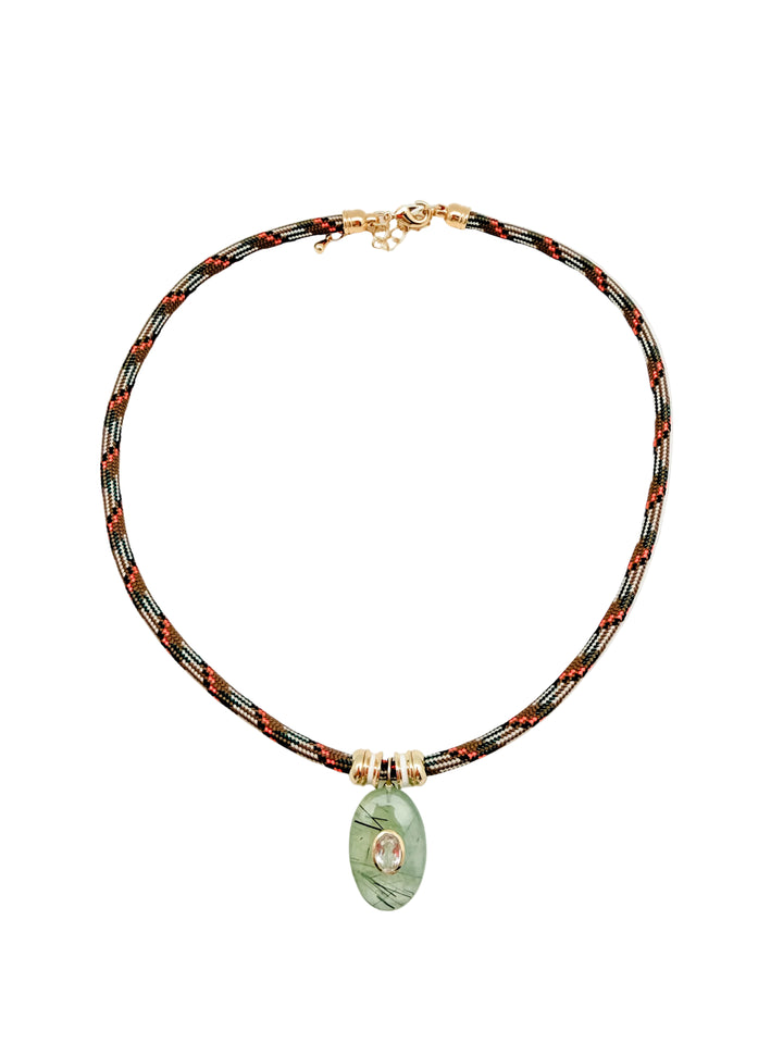 Prehnite Charm on Brown Cord Necklace