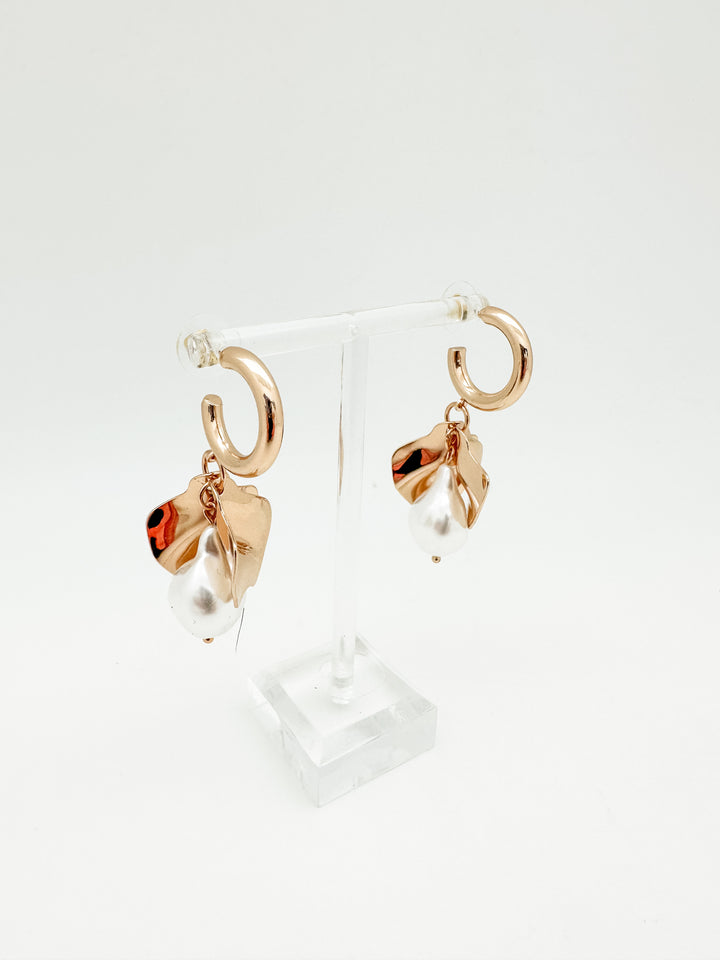 Gold Petal Pearl Hoop Earring