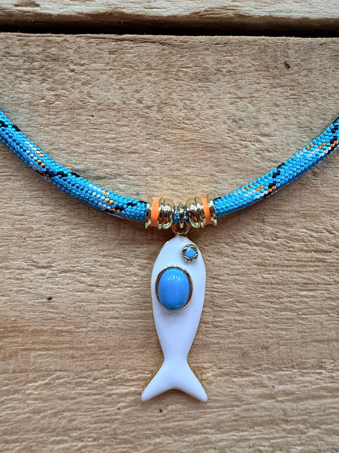 White Enamel Fish Pendant and Teal Cord Necklace