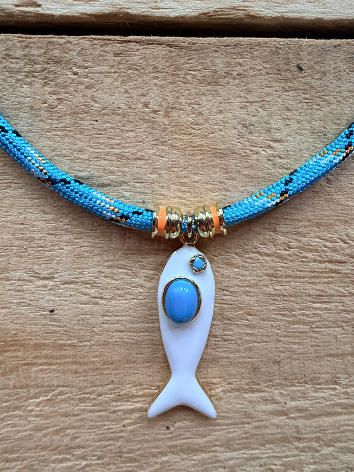 White Enamel Fish Pendant and Teal Cord Necklace