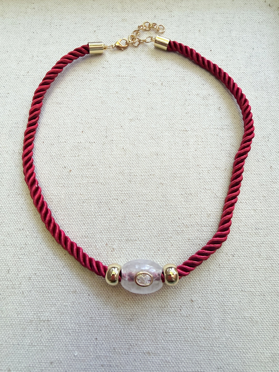 White Quartz Oval on Burgundy Cord Necklace