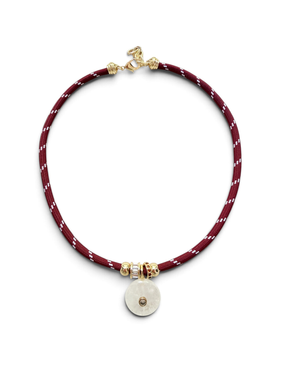 White Quartz Round Pendant on Burgundy Cord Necklace
