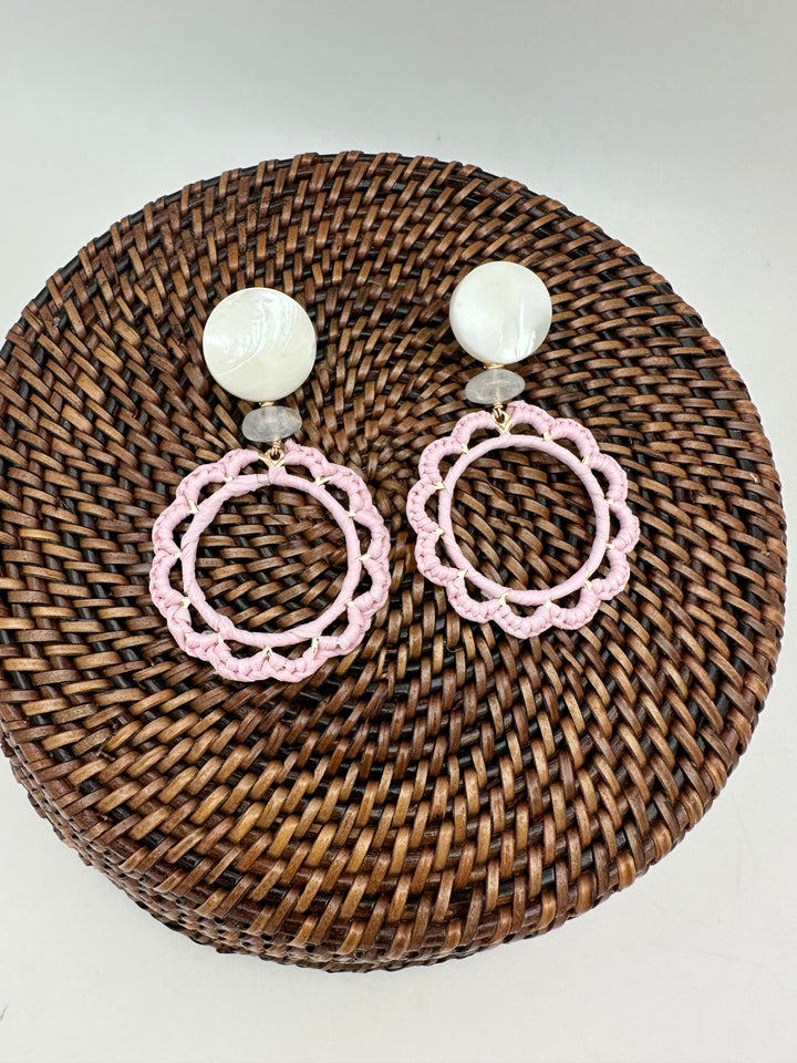 Light Pink Raffia Wrapped Flower Earring