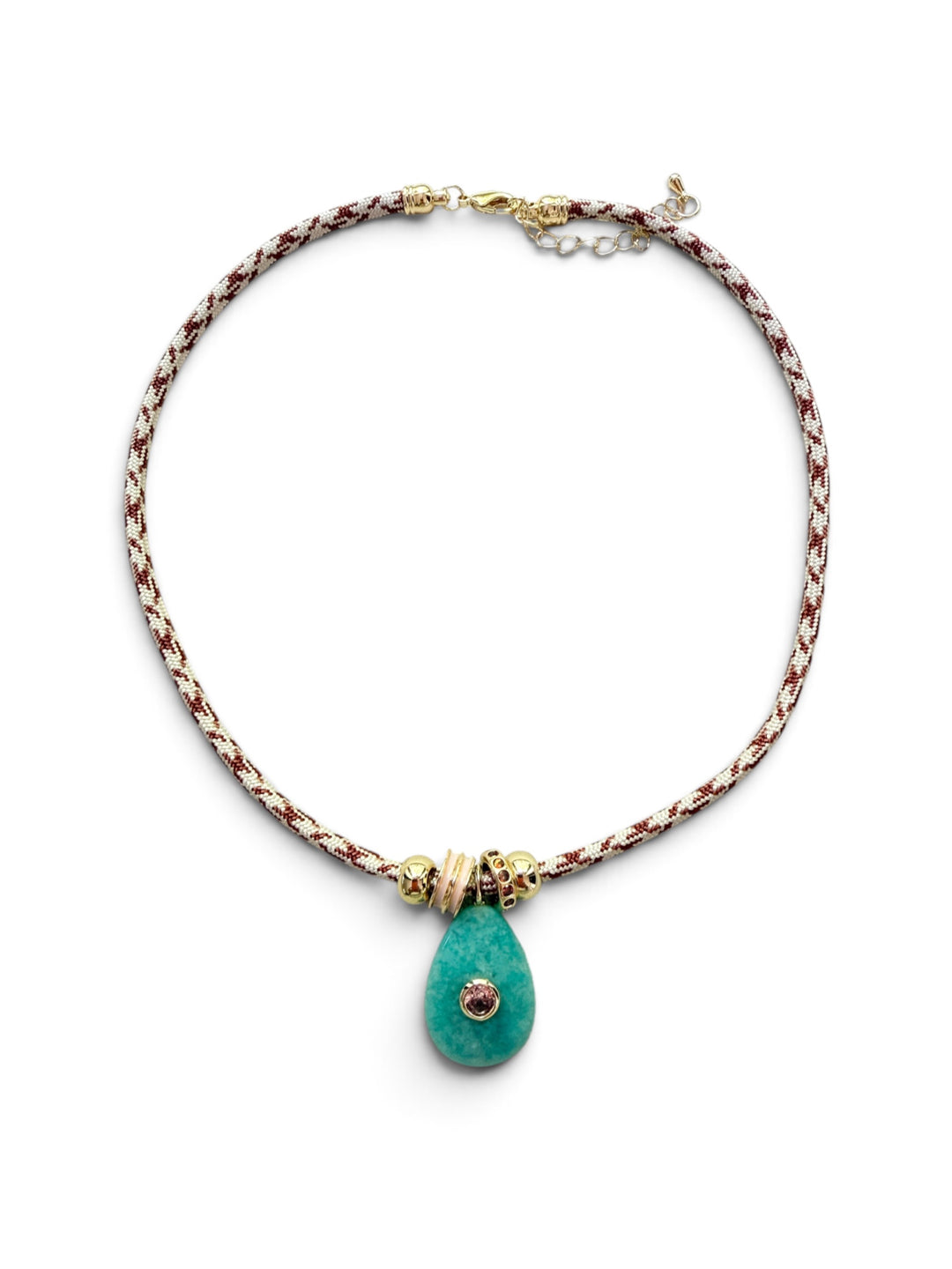 Amazonite Pendant on Brown and Cream Cord Necklace